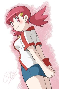 1girl arms_behind_back artist_name ass blush breasts emapippi highres large_breasts legs looking_at_viewer looking_back low_twintails nintendo own_hands_together pink_eyes pink_hair pokemon pokemon_hgss shirt shorts smile solo thighs twintails whitney_(pokemon)