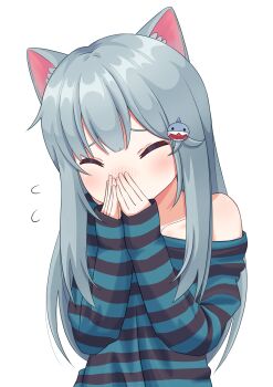 1girl ^_^ absurdres animal_ear_fluff animal_ears aqua_shirt black_shirt blush cat_ears cat_girl closed_eyes collarbone creator_connection facing_viewer flying_sweatdrops furrowed_brow grey_fur grey_hair hair_between_eyes hair_ornament hands_on_own_face hands_up highres horizontal-striped_clothes jedd_(jeddisorange) light_blush long_hair long_sleeves medium_eyebrows nachoneko nose_blush original own_hands_together praying shark_hair_ornament shirt simple_background single_off_shoulder sleeves_past_wrists sneezing solo striped_clothes striped_shirt virtual_youtuber white_background