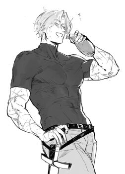Rule 34 | 1boy, belt, commentary request, covered abs, covered collarbone, covered navel, covered pectorals, cowboy shot, fingerless gloves, fingernails, gloves, highres, holding, holding sword, holding weapon, looking down, male focus, monochrome, multiple scars, nose, open mouth, original, pants, pectorals, scar, scar on arm, scar on hand, shirt, short hair, short sleeves, simple background, sketch, solo, sweat, sword, taut clothes, taut shirt, thai commentary, toned, toned male, turtleneck, unholymilk, weapon, white background, wineskin