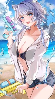 1girl absurdres alternate_costume animal_ears beach bikini black_bikini blue_eyes blue_sky breasts cat_ears cat_girl cipher_(honkai:_star_rail) collarbone commentary_request denim denim_shorts grey_hair highres holding holding_water_gun honkai:_star_rail honkai_(series) jacket large_breasts looking_at_viewer mole mole_on_breast navel ocean open_mouth outdoors parika short_hair_with_long_locks shorts sky solo stomach swimsuit water_gun white_jacket