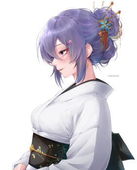 Rule 34 | comb, from side, hair between eyes, hair bun, hair ornament, hair stick, hairclip, highres, hololive, hololive indonesia, horisu (kholiskun), japanese clothes, kimono, moona hoshinova, purple eyes, purple hair, smile, twitter username, virtual youtuber, white background