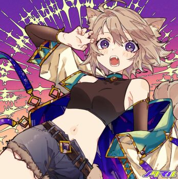 Rule 34 | 1girl, ahoge, animal ear fluff, animal ears, bare shoulders, belt, black belt, black shirt, black sleeves, blue shorts, blush stickers, breasts, bright pupils, brown hair, cat ears, cat girl, cat tail, claw pose, commentary, cowboy shot, crop top, cropped shirt, detached sleeves, gradient background, hand up, highres, jacket, long sleeves, looking at viewer, medium breasts, midriff, navel, notamaru 2, off shoulder, open clothes, open jacket, open mouth, original, purple background, purple eyes, shirt, short-sleeved jacket, short hair, short sleeves, shorts, sleeveless, sleeveless shirt, solo, tail, white jacket, white pupils