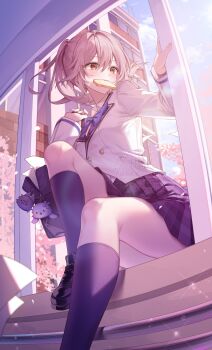 1girl absurdres alternate_hairstyle bag bag_charm black_bag black_shoes black_socks blazer blue_bow blue_bowtie blue_sky bow bowtie bread bread_slice buttons character_charm charm_(object) collared_shirt commentary contrast_collar daji dan_heng_(honkai:_star_rail) dan_heng_(woof_woof_dan)_(honkai:_star_rail) day double-breasted falling_petals food food_in_mouth foot_out_of_frame graphia_academy_school_uniform grey_hair grey_skirt hair_between_eyes hands_up highres holding holding_bag honkai:_star_rail honkai_(series) indoors jacket kneehighs knees_up long_hair long_sleeves looking_to_the_side march_7th_(honkai:_star_rail) march_7th_(march_bunny)_(honkai:_star_rail) mouth_hold official_alternate_costume on_windowsill open_bag open_window paper petals plaid_clothes plaid_skirt ponytail school school_uniform shirt shoes sitting skirt sky socks solo stelle_(honkai:_star_rail) sunlight through_window toast toast_in_mouth trailblazer_(honkai:_star_rail) white_jacket white_shirt window yellow_eyes