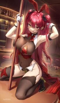 1girl absurdres adapted_costume animal_ears armband armpits bar_(place) black_choker boots breasts brooch brown_boots brown_leotard brown_thighhighs choker commentary_request fake_animal_ears frilled_armband frilled_choker frilled_gloves frills garter_straps gloves gold_trim hairband hands_up heterochromia highleg highleg_leotard highres hololive hololive_fantasy houshou_marine houshou_marine_(1st_costume) indoors jewelry kneeling large_breasts leotard leotard_under_clothes long_hair looking_at_viewer narika_(narikakkkk) pole rabbit_ears red_eyes red_hair red_vest see-through_cleavage see-through_clothes see-through_leotard solo stripper_pole thighhighs two_side_up vest virtual_youtuber white_gloves yellow_eyes