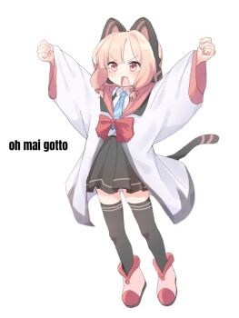 1girl :3 animal_ear_headphones animal_ears aqua_necktie arms_up black_skirt black_tail black_thighhighs blonde_hair blue_archive blush boots bow cat_ear_headphones cat_ears cat_tail clenched_hands coat collared_shirt commentary dot_nose english_commentary english_text engrish_commentary engrish_text fake_animal_ears fake_tail fang full_body hair_bow headphones highres long_sleeves low-tied_sidelocks meme momoi_(blue_archive) necktie no_halo oh_my_gotto_(meme) open_mouth parted_bangs pestchandesu pleated_skirt raised_fists ranguage rectangular_mouth red_boots red_bow red_eyes school_uniform shirt shirt_tucked_in short_hair sidelocks simple_background skirt solo suspender_skirt suspenders tail thighhighs v-shaped_eyebrows white_background white_coat white_shirt wide_sleeves zettai_ryouiki