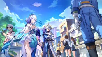 Rule 34 | 1other, 2boys, 4girls, absurdres, animal, animal on shoulder, apartment, arm belt, bad link, bag, bare shoulders, baseball cap, bird, black boots, black gloves, black pants, black socks, blue dress, blue eyes, blue hair, blue pants, blue shirt, book, boots, bracelet, breasts, brown hair, chinese clothes, cloud, cloudy sky, crow, day, dress, earrings, game cg, gloves, gradient hair, grey hair, grey pants, hair between eyes, hair intakes, hair ornament, halo, hat, highres, holding, holding book, honkai: star rail, honkai (series), jacket, jewelry, large breasts, long hair, looking at another, multicolored hair, multiple boys, multiple girls, official art, outdoors, pants, peacock feathers, peacock feathers hair ornament, pink vest, plaid clothes, plaid skirt, pleated skirt, police, ring, school bag, school uniform, shirt, short hair, shoulder bag, single earring, skirt, sky, sleeveless, sleeveless dress, socks, spiked halo, sunday (honkai: star rail), two-tone dress, two-tone hair, very long hair, vest, white dress, white gloves, white hair, white hat, white jacket, white shirt, yao guang (honkai: star rail), yellow eyes, yellow halo, yellow shirt