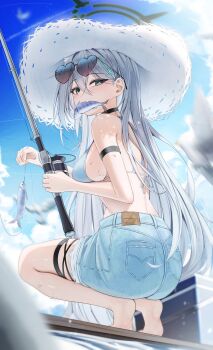 1girl absurdres animal_ear_fluff animal_ears arch_a4 arm_strap ass barefoot bikini bikini_top_only black_choker blue_archive blue_bikini blue_shorts blue_sky blush breasts broken_halo choker commentary cross cross_hair_ornament dark_halo day denim denim_shorts extra_ears eyewear_on_head fish fish_in_mouth fishing fishing_rod from_behind grey_hair hair_between_eyes hair_ornament halo hat heart heart-shaped_eyewear highres holding holding_fishing_rod inverted_cross large_breasts long_hair looking_at_viewer mismatched_pupils mouth_hold outdoors shiroko_terror_(blue_archive) shorts sky solo squatting sun_hat sweat swimsuit symbol-only_commentary thigh_strap tiptoes very_long_hair white_hat wolf_ears wolf_girl