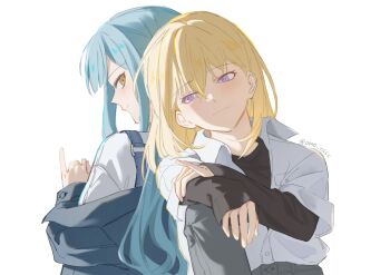 2girls bang_dream! bang_dream!_it's_mygo!!!!! black_shirt blonde_hair blue_hair blue_jacket commentary grey_pants hair_between_eyes hashtag-only_commentary highres jacket layered_sleeves long_hair long_sleeves medium_hair misumi_uika multiple_girls omo_cccc pants pinky_out purple_eyes shirt short_over_long_sleeves short_sleeves simple_background suspenders togawa_sakiko white_background white_shirt yellow_eyes