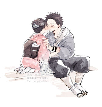 1boy 1girl black_hair black_pants blush cd2fm closed_eyes comb couple full_body grey_jacket hair_bun hair_ornament hakuji_(kimetsu_no_yaiba) hand_on_another&#039;s_arm hetero imminent_kiss jacket japanese_clothes kimetsu_no_yaiba kimono kneeling koyuki_(kimetsu_no_yaiba) pants pink_kimono polka_dot polka_dot_kimono sandals short_hair sitting snowflake_hair_ornament socks tabi twitter_username updo white_background white_socks
