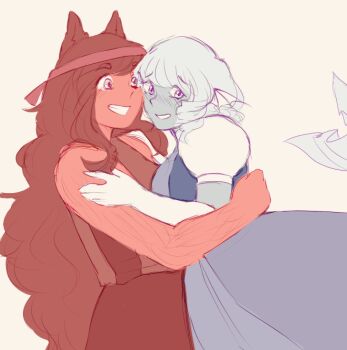 2girls animal_ears arm_hair blue_skin blush colored_skin elbow_gloves fins fusion gloves head_fins hug imaizumi_kagerou mermaid monster_girl multiple_girls orz_(kagewaka) red_skin ruby_(steven_universe) sapphire_(steven_universe) simple_background steven_universe touhou wakasagihime yuri