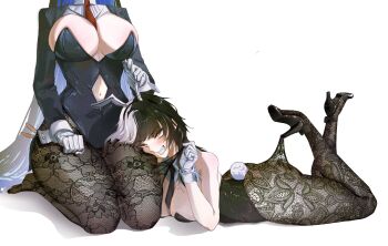 2girls absurdres animal_ear_hairband animal_ears ass between_breasts black_hair black_leotard black_necktie black_shrug breasts clothing_cutout fake_animal_ears fake_tail hairband harikyon_dzs high_heels highres hololive hololive_english hooked_on_heel lace_pantyhose lace_pantyhose_hooked_on_heel_(meme) large_breasts leotard lying meme multicolored_hair multiple_girls navel_cutout necktie necktie_between_breasts nerissa_ravencroft on_stomach playboy_bunny rabbit_ear_hairband rabbit_ears rabbit_tail red_necktie seiza shiori_novella shrug_(clothing) sitting split-color_hair strapless strapless_leotard tail two-tone_hair virtual_youtuber white_background white_hair yellow_eyes