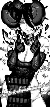 1girl apron bomb_devil_(chainsaw_man) breasts chainsaw_man cleavage dynamite elbow_gloves explosive gloves greyscale grin hair_between_eyes highres ireading large_breasts looking_at_viewer monochrome pointing pointing_at_viewer reze_(chainsaw_man) smile solo teeth