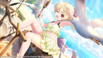 1girl ;o ahoge ando_tazusa animal ankle_lace-up arm_up armpits artist_request assault_lily attack back_bow bare_arms bare_shoulders beach bikini bikini_skirt bird blonde_hair blue_sky blurry blurry_foreground bow breasts cloud collarbone day dutch_angle fang fire fish fish_(food) floral_print flower food foot_out_of_frame footwear_flower frilled_bikini frills hair_between_eyes hair_bow hand_up highres holding holding_food horizon leaf leg_up lens_flare light_particles log looking_at_animal medium_hair navel ocean official_alternate_costume official_art one_eye_closed open_mouth outdoors palm_tree ponytail print_bikini raised_eyebrows red_eyes rock rope rotisserie sandals seagull seashell shell shoe_soles sitting skewer sky small_breasts solo stomach sunlight sweatdrop swimsuit tree watermark webp-to-png_conversion white_bow white_flower white_sandals yellow_bikini