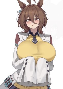 1girl absurdres agnes_tachyon_(tach-nology)_(umamusume) agnes_tachyon_(umamusume) ahoge alternate_breast_size_(larger) animal_ears black_necktie black_shirt blush breasts brown_eyes brown_hair chemical_structure collared_shirt hair_between_eyes highres horse_ears horse_girl k_dhen lab_coat large_breasts long_sleeves looking_at_viewer medium_hair necktie open_clothes parted_lips shirt short_necktie simple_background sleeves_past_fingers sleeves_past_wrists smile solo sweater sweater_vest test_tube umamusume upper_body white_background wide_sleeves yellow_sweater_vest