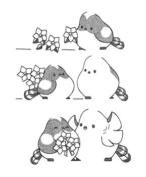 animal_focus bird bouquet flower greyscale highres holding holding_bouquet holding_flower long-tailed_tit monochrome no_humans original picking_flowers tit_(bird) touko_(nagomino)