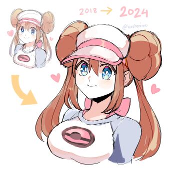 1girl 2018 2024 blue_eyes breasts brown_hair donut_hair_bun double_bun hair_bun heart highres kash-phia large_breasts nintendo pokemon pokemon_bw2 redrawn rosa_(pokemon) simple_background smile visor_cap white_background white_hair
