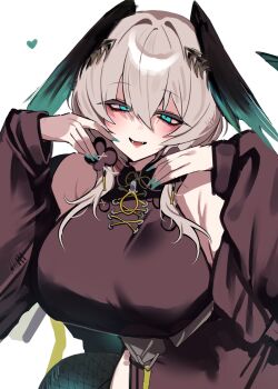 Rule 34 | 1girl, aqua eyes, aqua nails, arknights, bare shoulders, black coat, black dress, breasts, coat, commentary, dos dos121, dress, fangs, hair between eyes, head wings, heart, highres, ho'olheyak (arknights), ho'olheyak (ritual of immortality) (arknights), huge breasts, long sleeves, looking at viewer, medium hair, nail polish, official alternate costume, open clothes, open coat, open mouth, simple background, snake tail, solo, tail, white background, wings