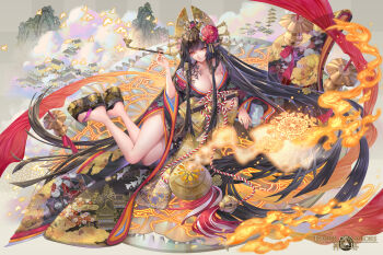 1girl 909_(kagetsu99) absurdly_long_hair bell black_hair black_kimono breasts flower hair_flower hair_ornament highres incense_burner japanese_clothes jingle_bell kanzashi kimono kiseru large_breasts long_hair manaita_obi off_shoulder official_art okobo orange_eyes original platform_sandals pointy_ears sandals shoulder_tattoo smoking_pipe solo tattoo tower_of_saviors very_long_hair