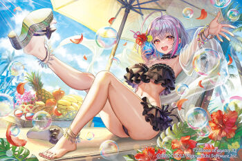 1girl ahoge apple arm_up armpits banana beach beach_umbrella bikini black_bikini blue_hair blue_sky bracelet bubble cloud cloudy_sky colored_inner_hair copyright_notice cup drinking_glass drinking_straw flower food frilled_bikini frills fruit grey_hair hibiscus highres holding holding_cup jewelry madopen mandarin_orange multicolored_hair navel official_art open_mouth orange_eyes outdoors pineapple pink_flower pink_hair red_petals sandals sky solo strawberry swimsuit teeth umbrella upper_teeth_only yato_urara z/x