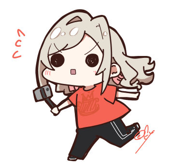 1girl absurdres black_pants cellphone ceras_yanagida_lilienfeld chibi chibi_only flying_sweatdrops grey_hair hair_ribbon highres holding link!_like!_love_live! long_hair love_live! miyake_miu oofushi_ao pants phone pink_ribbon ribbon running seeno_de!_hasu_no_sora! selfie_stick shirt short_sleeves smartphone solid_circle_eyes solo t-shirt track_pants voice_actor_connection