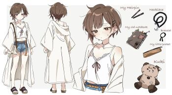 1girl asami-chan body_freckles bracelet breasts bright_pupils brown_eyes brown_hair collarbone denim denim_shorts english_text expressionless freckles full_body hair_ornament hairclip highres hozuki_asami_(asami-chan) jewelry looking_at_viewer multiple_views necklace notebook off_shoulder open_clothes original red_ribbon ribbon short_hair short_shorts shorts shoulder_freckles simple_background single_bare_shoulder small_breasts solo standing stuffed_animal stuffed_toy teddy_bear upper_body white_background white_pupils