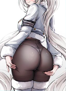 1girl absurdres armband ass ass_focus black_armband black_pantyhose blanc_(fortune_express)_(nikke) blanc_(nikke) boots coat face_cutout fur-trimmed_boots fur-trimmed_sleeves fur_trim goddess_of_victory:_nikke high-waist_pantyhose highres long_hair long_sleeves mokiemokki official_alternate_costume official_alternate_hairstyle panties panties_under_pantyhose pantyhose see-through_pantyhose solo twintails underwear very_long_hair white_background white_boots white_hair winter_clothes winter_coat