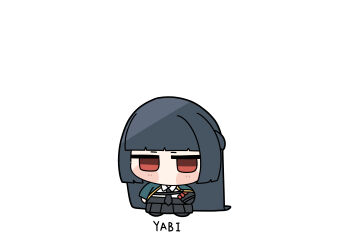 1girl absurdres aqua_jacket arm_out_of_sleeve black_hair black_necktie black_skirt blush chibi chibi_only english_text gloves high-waist_skirt highres hoshimi_miyabi jacket long_hair necktie no_ears red_eyes shinonome_nashi shirt simple_background skirt white_background white_shirt zenless_zone_zero