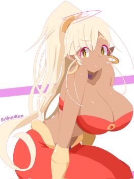 >:p 1girl arm_support artist_name bandeau bare_arms bare_shoulders blonde_hair bracer breasts bright_pupils choker circlet cleavage cosplay dancer dark-skinned_female dark_skin earrings erikuukun hair_ornament harem_outfit harem_pants high_ponytail highres hololive hololive_english hoop_earrings invisible_chair jewelry large_breasts limiter_(tsukumo_sana) long_hair looking_at_viewer o-ring o-ring_top pants pointy_ears ponytail purple_choker red_bandeau red_pants shantae shantae_(cosplay) shantae_(series) sitting solo tsukumo_sana two-tone_background very_long_hair virtual_youtuber white_background white_pupils yellow_eyes