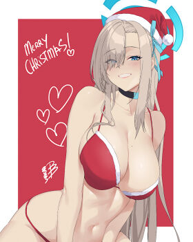1girl alternate_costume aqua_ribbon asuna_(blue_archive) asymmetrical_bangs bikini black_choker blue_archive blue_eyes border breasts choker commentary damobelmont eyes_visible_through_hair fur-trimmed_bikini fur-trimmed_headwear fur_trim hair_over_one_eye hair_ribbon halo hat heart highres large_breasts linea_alba long_hair looking_at_viewer merry_christmas mole mole_on_breast navel outside_border red_background red_hat ribbon santa_bikini santa_costume santa_hat signature simple_background solo stomach straight_hair swimsuit very_long_hair white_border