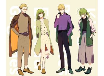 1boy 1other androgynous blonde_hair brown_coat casual coat dress_shirt enkidu_(fate) fate/strange_fake fate_(series) gilgamesh_(fate) green_coat green_hair hair_between_eyes long_hair long_sleeves multiple_boys purple_shirt rata_to shirt short_hair simple_background sunglasses turtleneck very_long_hair