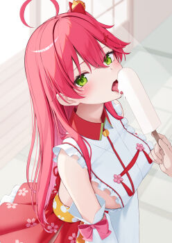 1girl ahoge arm_bow bell blush bow breasts collared_shirt commentary detached_sleeves english_commentary floral_print floral_print_hakama food frilled_shirt frills green_eyes hair_bell hair_between_eyes hair_bow hair_ornament hairclip hakama hakama_skirt highres hololive ice_cream indoors japanese_clothes large_breasts licking long_hair looking_at_viewer mixed-language_commentary nyan_(reinyan_007) one_side_up open_mouth paw_print pink_bow pink_hair pink_skirt popsicle sakura_miko sakura_miko_(1st_costume) sash shirt sideboob skirt sleeve_garter sleeveless sleeveless_shirt sliding_doors solo_focus tongue tongue_out virtual_youtuber white_shirt white_sleeves yellow_sash