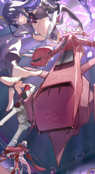 2girls alternate_costume angry aoi_lavender asymmetrical_sleeves bare_legs black_gloves blonde_hair blunt_bangs blurry braid breasts bridal_gauntlets cleavage closed_mouth clothing_cutout collarbone commentary_request crossover depth_of_field elbow_gloves electro_symbol_(genshin_impact) from_behind from_below genshin_impact gloves glowing glowing_eyes gundam gundam_seed hair_flowing_over hair_ornament hair_ribbon highres holding holding_weapon huge_breasts indoors japanese_clothes kimono large_breasts long_braid long_hair looking_down mini_person minigirl mitsudomoe_(shape) multicolored_hair multiple_girls neck_ribbon off_shoulder oversized_object purple_eyes purple_hair purple_kimono purple_ribbon raiden_shogun reaching reaching_towards_another red_ribbon ribbon shade shoulder_cutout signora_(genshin_impact) single_braid size_difference streaked_hair thighs tomoe_(symbol) uneven_sleeves upper_body weapon wide_sleeves