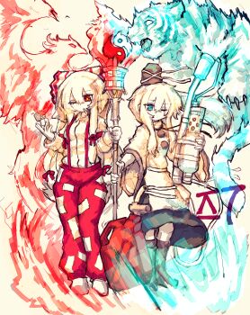 Rule 34 | 2girls, absurdres, bird, boots, bow, bright pupils, cigarette, closed mouth, commentary, dot mouth, fire, flamethrower, fujiwara no mokou, full body, hair between eyes, hair bow, hat, highres, holding, holding flamethrower, holding lighter, holding torch, holding weapon, jerry can, korean commentary, korean text, lighter, limited palette, long hair, long sleeves, mononobe no futo, multiple girls, multiple hair bows, ofuda, ofuda on clothes, one eye closed, pants, phoenix, pom pom (clothes), ponytail, rampa93, red eyes, red pants, shirt, sidelocks, skirt, smoking, standing, suspenders, tate eboshi, tiger, torch, touhou, turtleneck, weapon, white hair, white pupils, white shirt, wide sleeves, yellow background, yin yang, zippo lighter