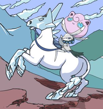 Rule 34 | absurdres, blue eyes, bright pupils, calyrex, calyrex (rider), closed mouth, frown, fusion, gen 1 pokemon, gen 8 pokemon, glastrier, highres, horse tail, jigglypuff, jigglypuffhatta, legendary pokemon, looking to the side, meme, mountain, napoleon crossing the alps, nintendo, open mouth, parody, pokemon, pokemon (creature), reins, riding, riding pokemon, sitting, sky, smile, tail, white pupils