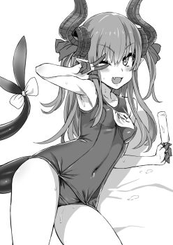 10s 1girl ;d arm_support asanagi bow breasts covered_navel elizabeth_bathory_(fate) elizabeth_bathory_(fate/extra) fang fate/extra fate/extra_ccc fate/grand_order fate_(series) female_focus food greyscale heart heart-shaped_pupils highres holding holding_food horns long_hair lying monochrome name_tag on_side one-piece_swimsuit one_eye_closed open_mouth popsicle school_swimsuit small_breasts smile solo swimsuit symbol-shaped_pupils tail tail_bow tail_ornament thighs two_side_up