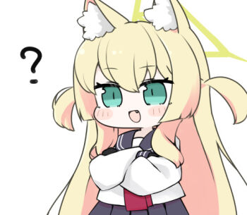 1girl :d ? animal_ear_fluff animal_ears black_gloves black_sailor_collar black_skirt blonde_hair blue_archive blush_stickers crossed_arms fang fox_ears gloves green_eyes hair_between_eyes halo kurumi_(blue_archive) long_hair long_sleeves lowres miranofuudoria open_mouth pleated_skirt puffy_long_sleeves puffy_sleeves sailor_collar school_uniform serafuku shirt simple_background skirt smile solo two_side_up very_long_hair white_background white_shirt
