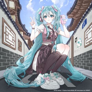 Rule 34 | 1girl, aqua eyes, aqua hair, black necktie, black skirt, black socks, blue eyes, blue hair, blue nails, blue sky, blush, bow, breasts, cellphone, closed mouth, cloud, collared shirt, commentary request, hair between eyes, hair bow, hatsune miku, highres, holding, holding phone, kneehighs, lalang, long hair, looking at viewer, necktie, official art, outdoors, phone, pink sweater vest, ribbed socks, shirt, shoes, short sleeves, skirt, sky, smartphone, smile, socks, solo, squatting, sweater vest, twintails, v, very long hair, vocaloid, white shirt