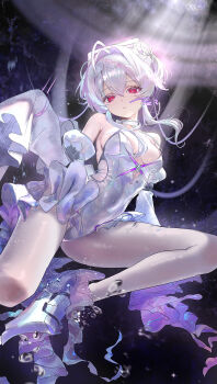 1girl absurdres ahoge air_bubble armored_boots boots breasts bubble cleavage collar commentary_request covered_navel detached_sleeves goddess_of_victory:_nikke hair_between_eyes hair_intakes hairband hand_up headgear highres knee_up leotard liberalio_(nikke) light_rays looking_at_viewer mi_tei pantyhose purple_hair red_eyes short_hair_with_long_locks signature sleeves_past_fingers sleeves_past_wrists solo two_side_up underwater white_collar white_leotard white_pantyhose white_sleeves wire