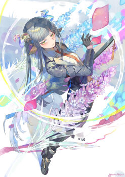 1girl animal_ears black_gloves black_skirt blue_flower breasts closed_mouth collared_shirt commentary_request flower gloves green_eyes grey_hair grey_jacket half_gloves highres horns jacket long_hair looking_at_viewer natori_youkai necktie open_clothes open_jacket orange_necktie original petals pleated_skirt purple_flower sheath sheathed shirt signature skirt small_breasts solo sword very_long_hair weapon white_flower white_shirt