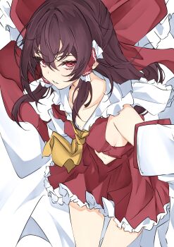 Rule 34 | 1girl, absurdres, ascot, bare shoulders, bow, brown hair, collarbone, commentary, covered erect nipples, detached sleeves, frilled bow, frilled hair tubes, frilled skirt, frills, hair bow, hair tubes, hakurei reimu, highres, long hair, looking at viewer, nontraditional miko, parted lips, red bow, red eyes, red shirt, red skirt, shirt, skirt, sleeveless, sleeveless shirt, solo, touhou, unanooo (fthx7532), yellow ascot