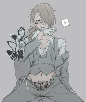 Rule 34 | 2boys, alternate costume, animal print, arm support, ascot, asymmetrical bangs, beard stubble, biting, black-framed eyewear, black butterfly, black coat, black panties, black suit, black vest, blush, bow, brown eyes, brown hair, bug, butterfly, butterfly on arm, butterfly on shoulder, butterfly panties, butterfly print, butterfly underwear, buttons, clothes pull, coat, collarbone, collared shirt, come hither, cowboy shot, crossdressing, crossdressing (mtf), dress shirt, e.g.o (project moon), facial hair, formal clothes, glasses, gloves, gregor (project moon), grey background, groin, hair over one eye, hair over shoulder, half-closed eyes, hand up, heart, highres, insect, lace, lace-trimmed panties, lace trim, lily26983455, limbus company, lingerie, long hair, long sleeves, looking at viewer, low ponytail, lying, male focus, male pubic hair, midriff, mouth hold, multiple boys, naughty face, navel, off-shoulder coat, off shoulder, official alternate costume, on back, one eye covered, open clothes, open fly, panties, pants, pants pull, parted bangs, parted lips, partially unbuttoned, pectoral cleavage, pectorals, photoshop (medium), ponytail, pov, project moon, pubic hair, pubic hair peek, seductive smile, semi-rimless eyewear, shirt, side-tie panties, simple background, sitting, sitting on lap, sitting on person, smile, smirk, solemn lament (e.g.o), solo focus, speech bubble, spoken heart, spread legs, straddling, stubble, suit, sweat, unbuttoned, unbuttoned pants, unbuttoned shirt, under-rim eyewear, underwear, undone ascot, undressing, unzipped, unzipped pants, upper body, vest, wavy hair, white butterfly, white gloves, white shirt, wings, yaoi