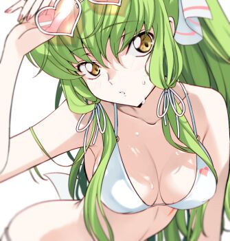 1girl c.c. close-up code_geass creayus glasses_on_head green_hair solo swimsuit water_drop