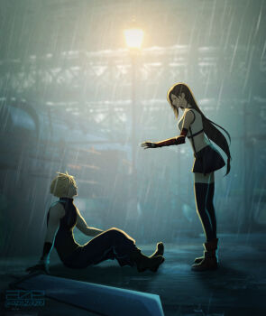 1boy 1girl absurdres azezazel baggy_pants bare_shoulders black_gloves black_hair black_skirt black_thighhighs blonde_hair blue_eyes blurry blurry_background boots breasts buster_sword cloud_strife commentary crop_top earrings english_commentary final_fantasy final_fantasy_vii final_fantasy_vii_remake fingerless_gloves from_side full_body gloves highres jewelry lamppost large_breasts long_hair looking_at_another low-tied_long_hair miniskirt night outdoors pants profile rain reaching reaching_towards_another red_eyes short_hair signature sitting skirt sleeveless sleeveless_turtleneck spiked_hair standing suspender_skirt suspenders sweater tank_top thighhighs tifa_lockhart train_station turtleneck turtleneck_sweater twitter_username white_tank_top