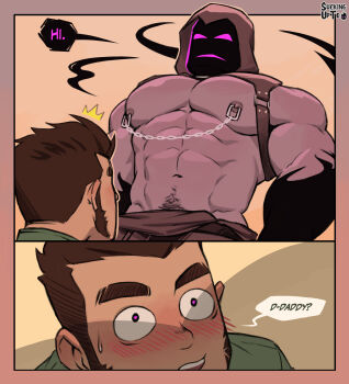 2boys abs absurdres bara blush brown_hair english_text facial_hair green_shirt heart heart-shaped_pupils helbai highres hood hood_up large_pectorals looking_at_another male_focus multiple_boys muscular muscular_male mutton_chops navel nipple_piercing nipples original pectorals piercing shirt sideburns symbol-shaped_pupils thick_eyebrows yaoi