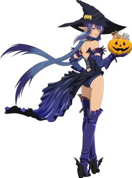 Rule 34 | 1girl, artist request, ass, black hat, black shoes, blue hair, breasts, candy, cookie, elbow gloves, fake wings, food, from behind, full body, game cg, gloves, halloween, halloween bucket, halloween costume, hat, highres, holding, holding halloween bucket, judith (tales), large breasts, long hair, looking at viewer, multicolored hair, official alternate costume, official art, one eye closed, open mouth, pointy ears, purple eyes, purple gloves, purple hair, purple thighhighs, purple wings, revealing clothes, shoes, smile, solo, tales of (series), tales of asteria, tales of vesperia, thighhighs, thighs, third-party source, transparent background, twintails, two-tone hair, very long hair, wings, witch, witch hat