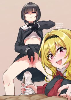 1boy 2025 2girls :d artist_name black_eyes black_gloves black_hair black_hairband black_serafuku black_skirt blonde_hair blur_censor bra brown_background censored closed_mouth commentary_request dated gloves gluteal_fold gojarun hairband handjob highres idolmaster idolmaster_cinderella_girls kurosaki_chitose looking_at_viewer medium_hair multiple_girls neckerchief open_mouth panties panties_on_penis penis pink_eyes pov pussy red_neckerchief school_uniform serafuku shirayuki_chiyo short_hair simple_background skirt smile spread_pussy spreading_own_pussy teeth twintails underwear upper_teeth_only white_bra white_panties