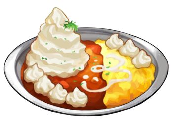 artist_request curry curry_rice food food_focus game_cg garnish herb nintendo no_humans official_art plate pokemon pokemon_swsh rice third-party_source transparent_background whipped_cream