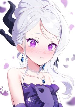 1girl bare_shoulders blue_archive blurry blush bow collarbone commentary_request demon_girl demon_horns depth_of_field dress earrings elbow_gloves evening_gown falling_petals floating_earrings gloves hair_bow hair_ribbon halo hand_on_own_chest highres hina_(blue_archive) hina_(dress)_(blue_archive) horns jewelry long_hair looking_at_viewer necklace official_alternate_costume official_alternate_hairstyle parted_bangs parted_lips pearl_necklace pendant petals pineap000 ponytail purple_dress purple_eyes purple_gloves ribbon sidelocks simple_background solo strapless strapless_dress upper_body white_background white_hair