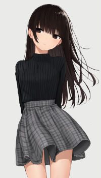 1girl absurdres akipeko arms_behind_back black_hair black_sweater blush brown_eyes closed_mouth cowboy_shot grey_skirt high-waist_skirt highres long_hair looking_at_viewer original plaid_clothes plaid_skirt simple_background skirt solo straight_hair sweater white_background