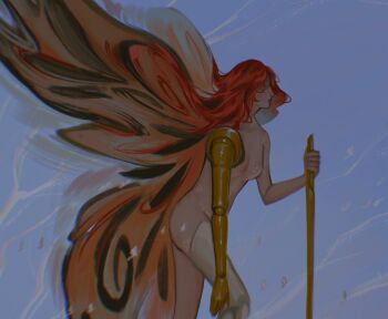 1girl amputee blue_background breasts bug butterfly elden_ring feet_out_of_frame from_side golden_sword highres hunched_over insect insect_wings long_hair malenia_blade_of_miquella malenia_goddess_of_rot mechanical_arms medium_breasts no_eyes poopfart3939 prosthesis prosthetic_arm prosthetic_leg red_hair single_mechanical_arm solo triple_amputee wings